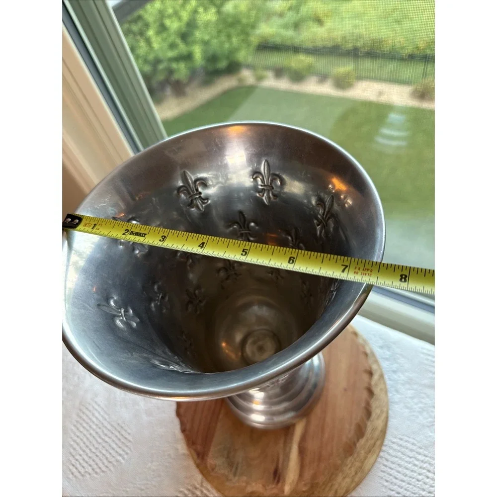 Vintage Fleur De Lis Silver Aluminum Pedestal Vase 10.5